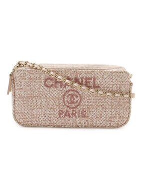 Chanel Deauville Chain Wallet 2-Way Shoulder Bag Clutch Tweed Lame Raffia Pink